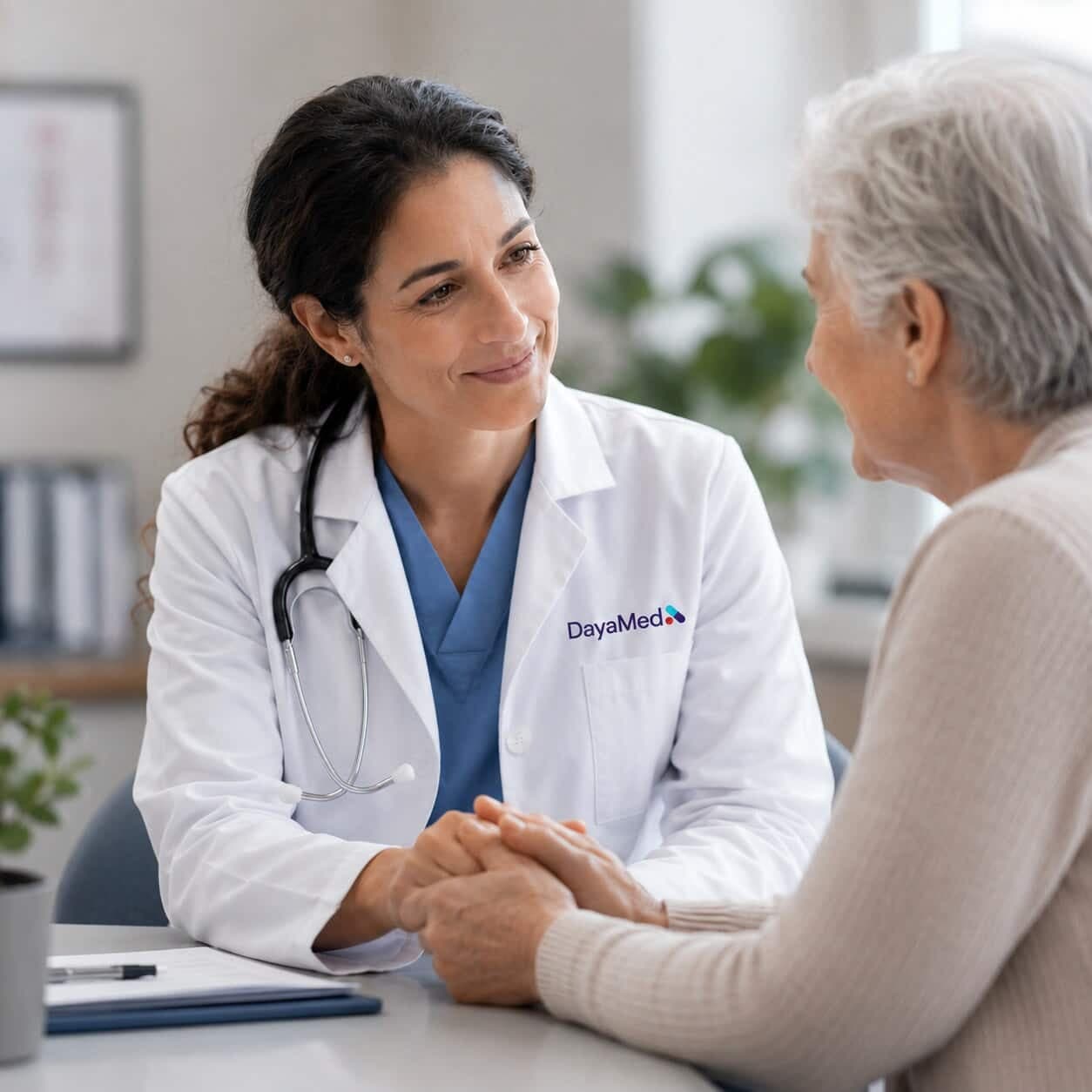 A DayaMed clinician holding the hands of an older patient across a desk, conveying continuous, personal care
