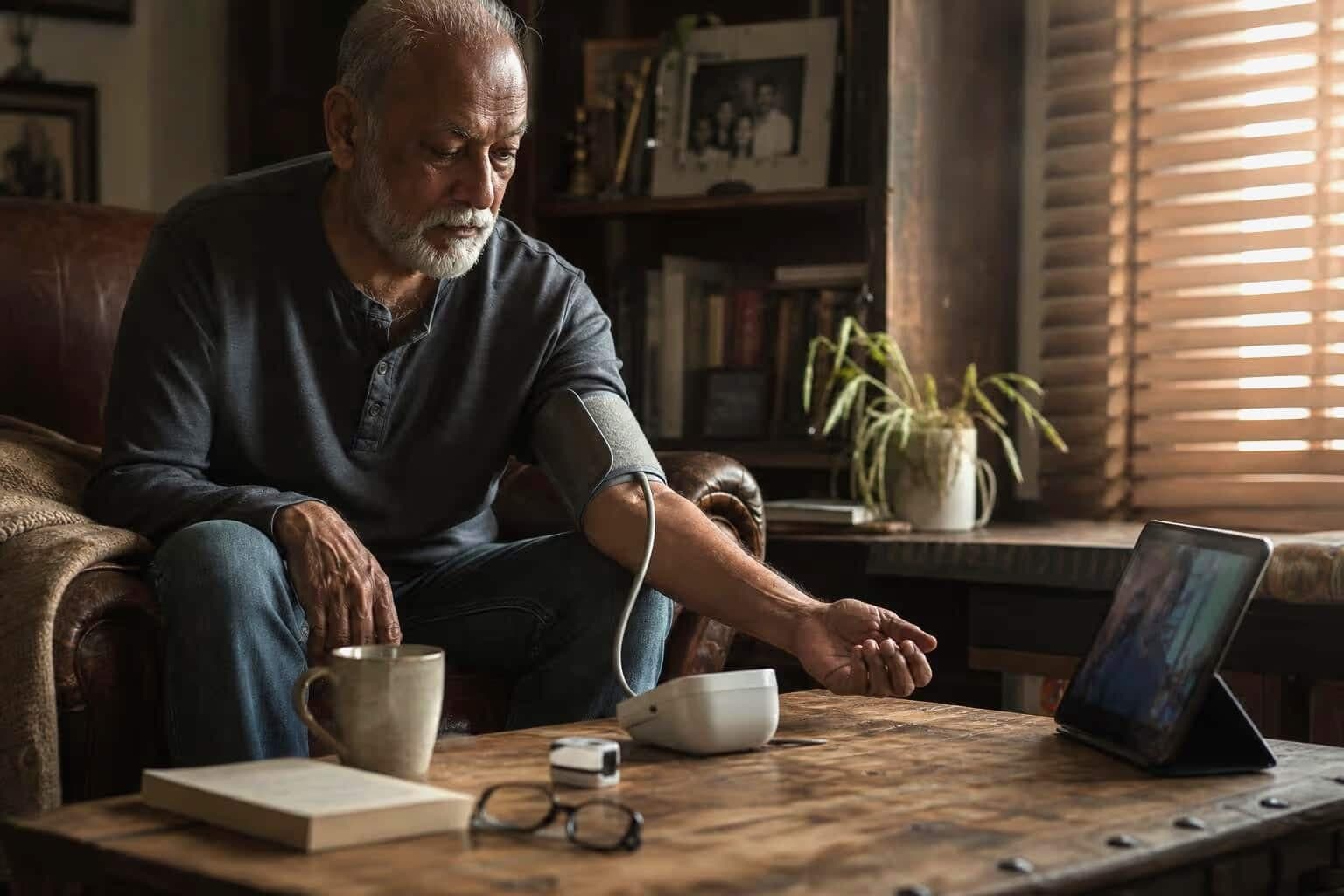 An older adult taking a blood pressure reading at home in their living room