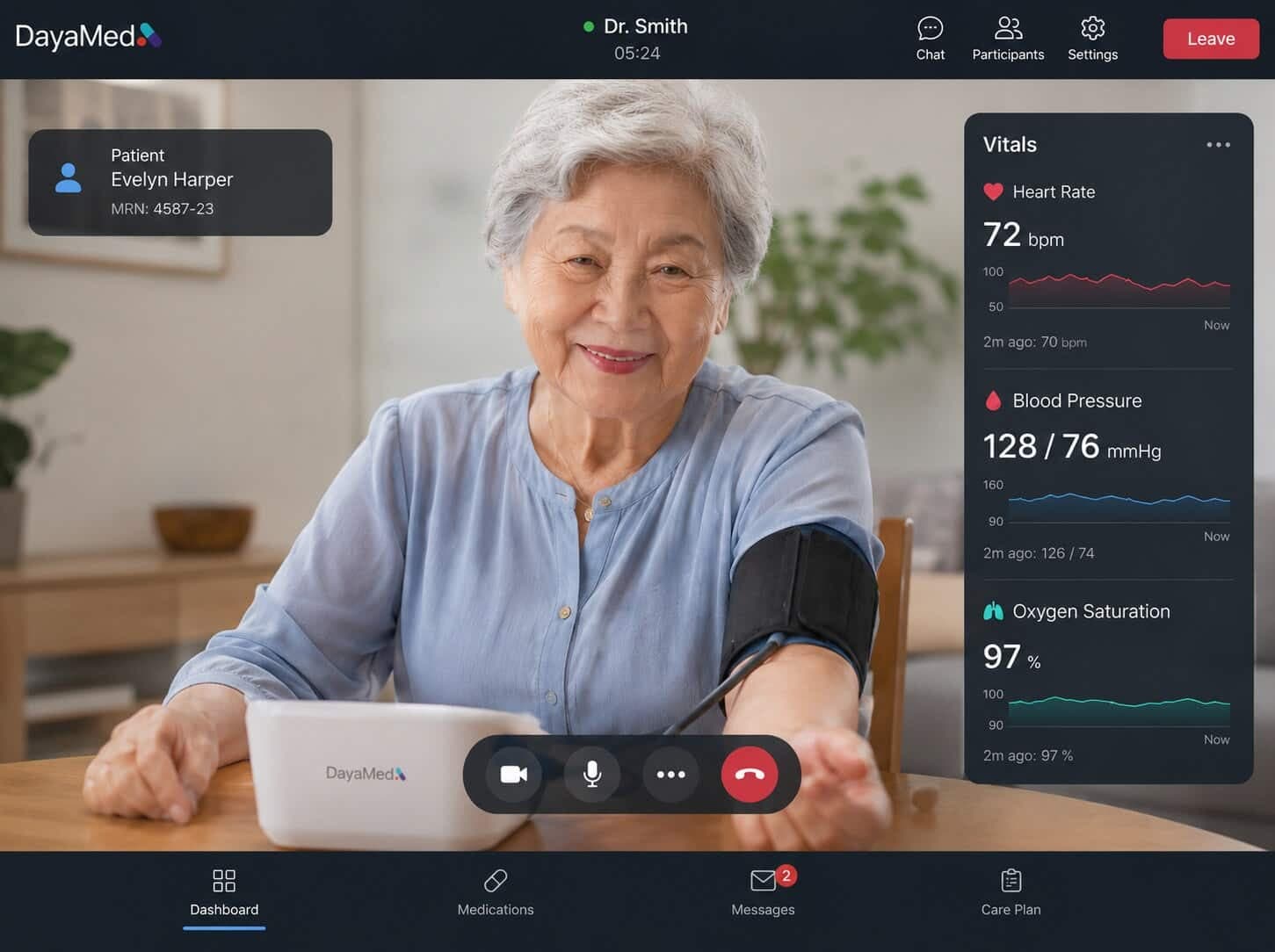 DayaMed RPM dashboard during a telehealth visit: video call with the patient, live heart rate, blood pressure, and oxygen saturation panels