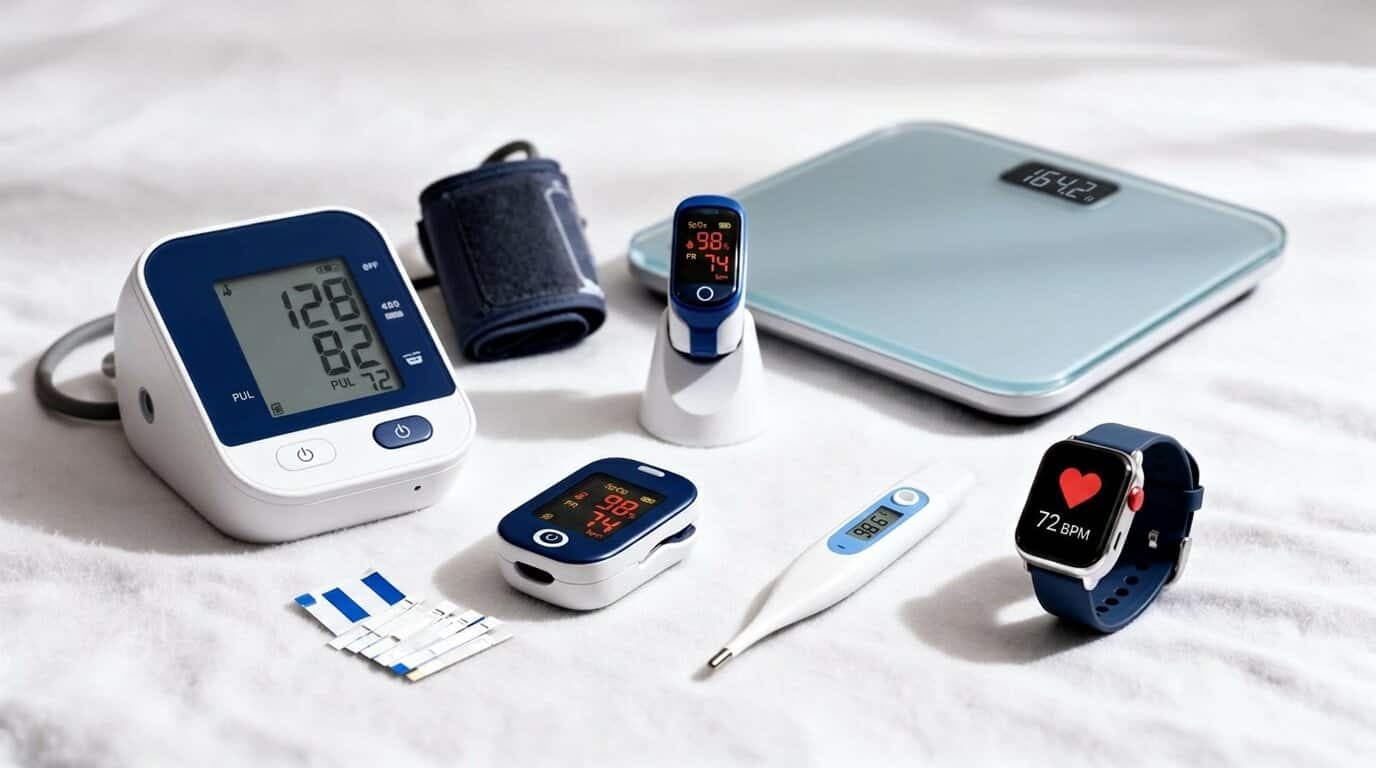 Connected home health devices: blood pressure monitor, glucose meter, pulse oximeter, thermometer, smartwatch, and scale
